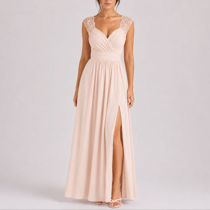 Chiffon Wrap Maxi Dress – Lace Cap Sleeve Wedding Guest Dress