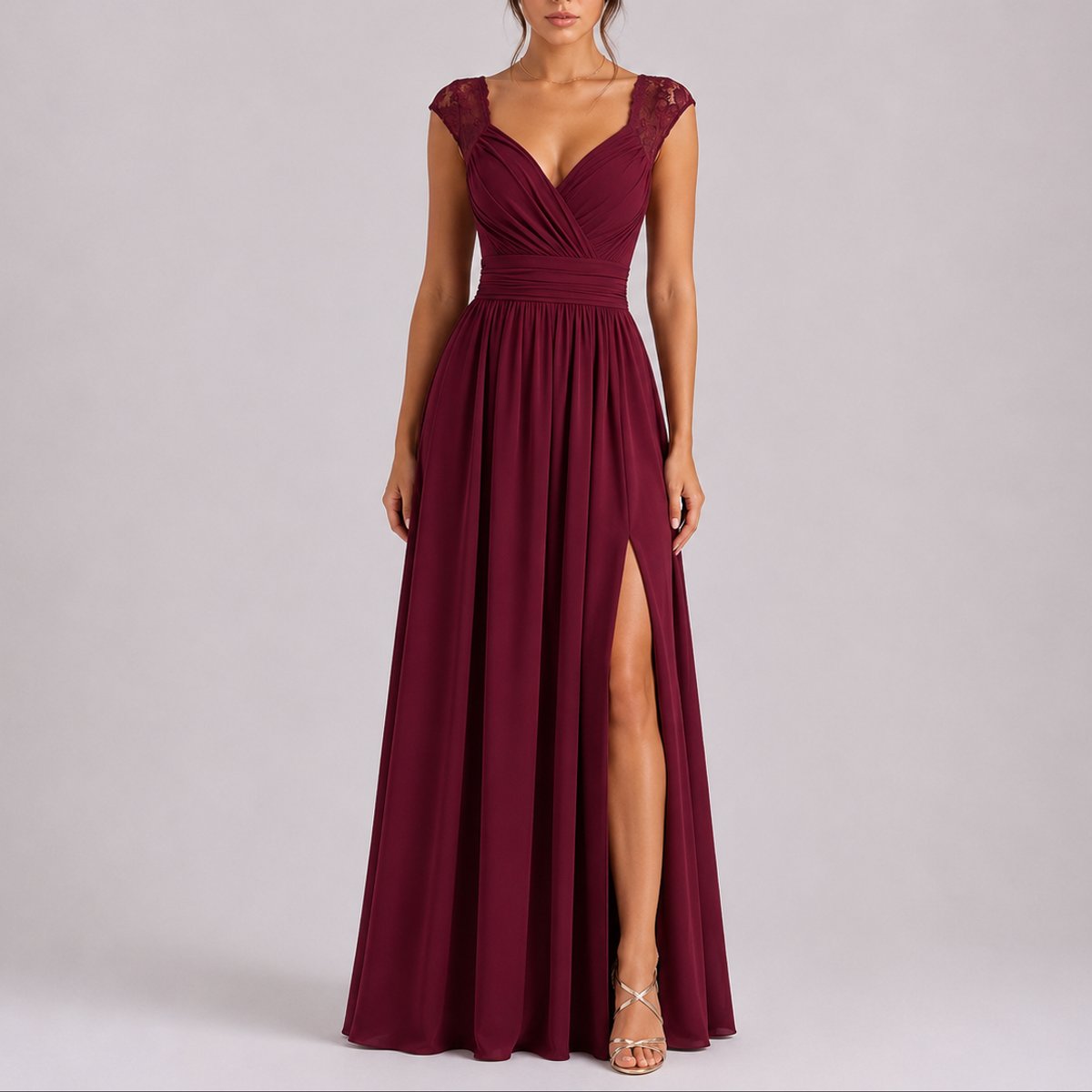 Chiffon Wrap Maxi Dress – Lace Cap Sleeve Wedding Guest Dress