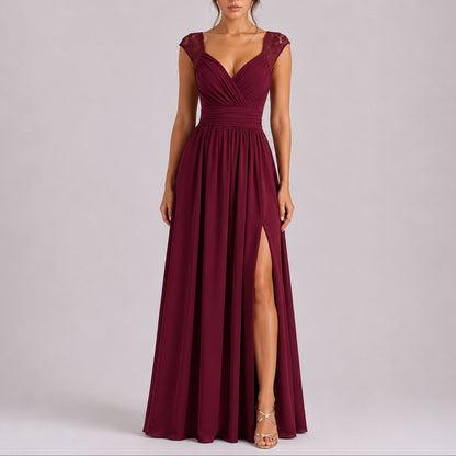 Chiffon Wrap Maxi Dress – Lace Cap Sleeve Wedding Guest Dress