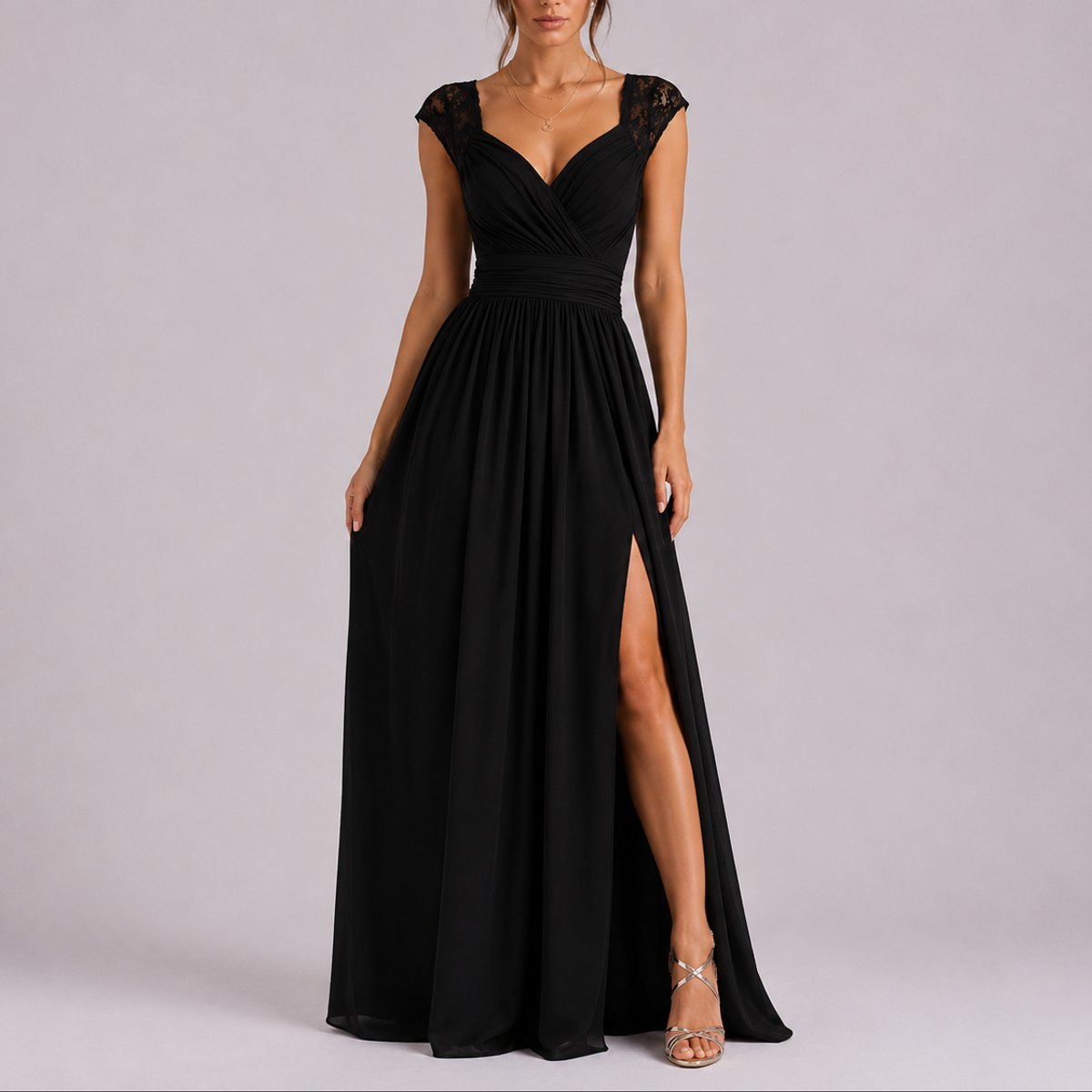 Chiffon Wrap Maxi Dress – Lace Cap Sleeve Wedding Guest Dress