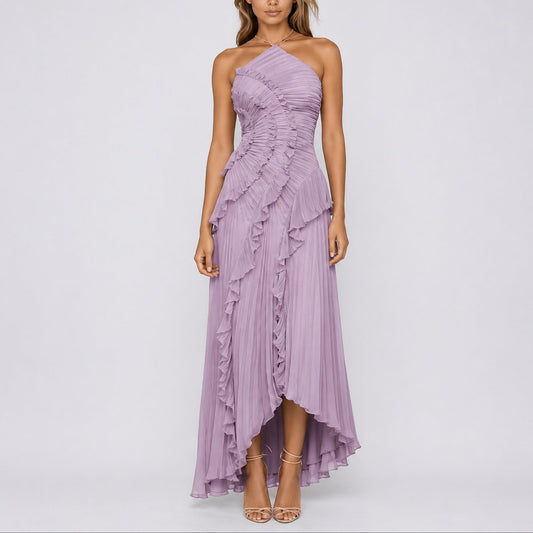 Pleated Halter Maxi Dress – Ruffle Asymmetric Wedding Guest Dress