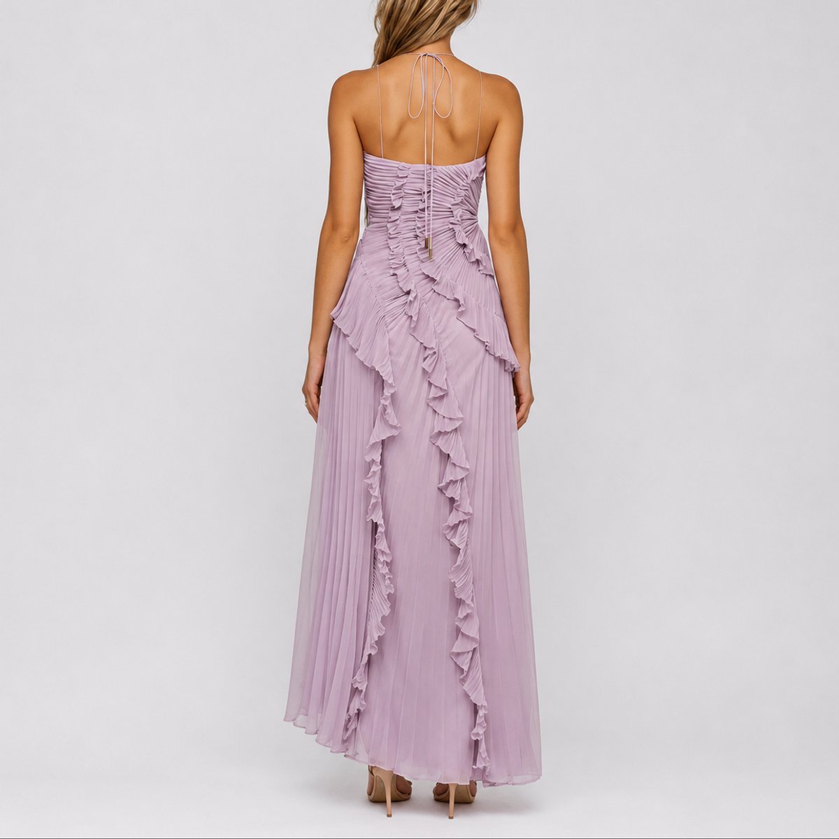 Pleated Halter Maxi Dress – Ruffle Asymmetric Wedding Guest Dress