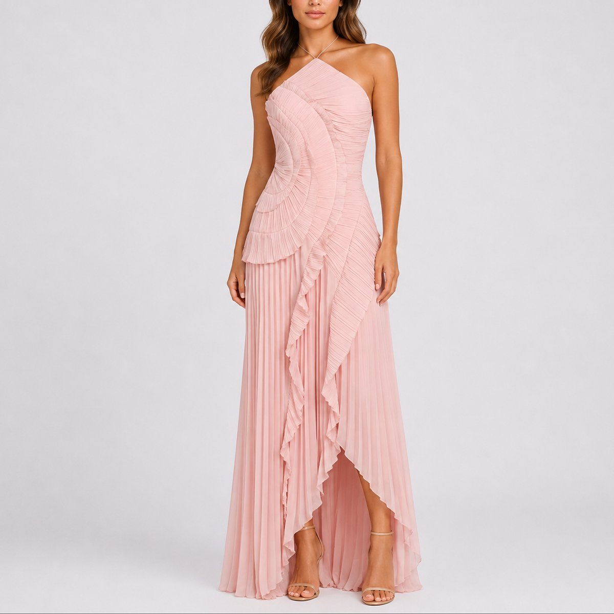 Pleated Halter Maxi Dress – Ruffle Asymmetric Wedding Guest Dress
