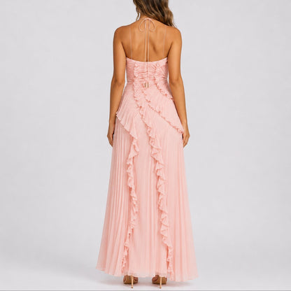 Pleated Halter Maxi Dress – Ruffle Asymmetric Wedding Guest Dress