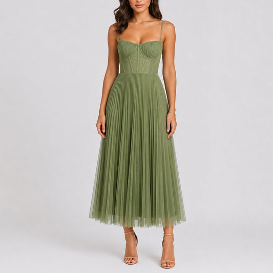 Pleated Tulle Corset Midi Dress – Spaghetti Strap Wedding Guest Dress