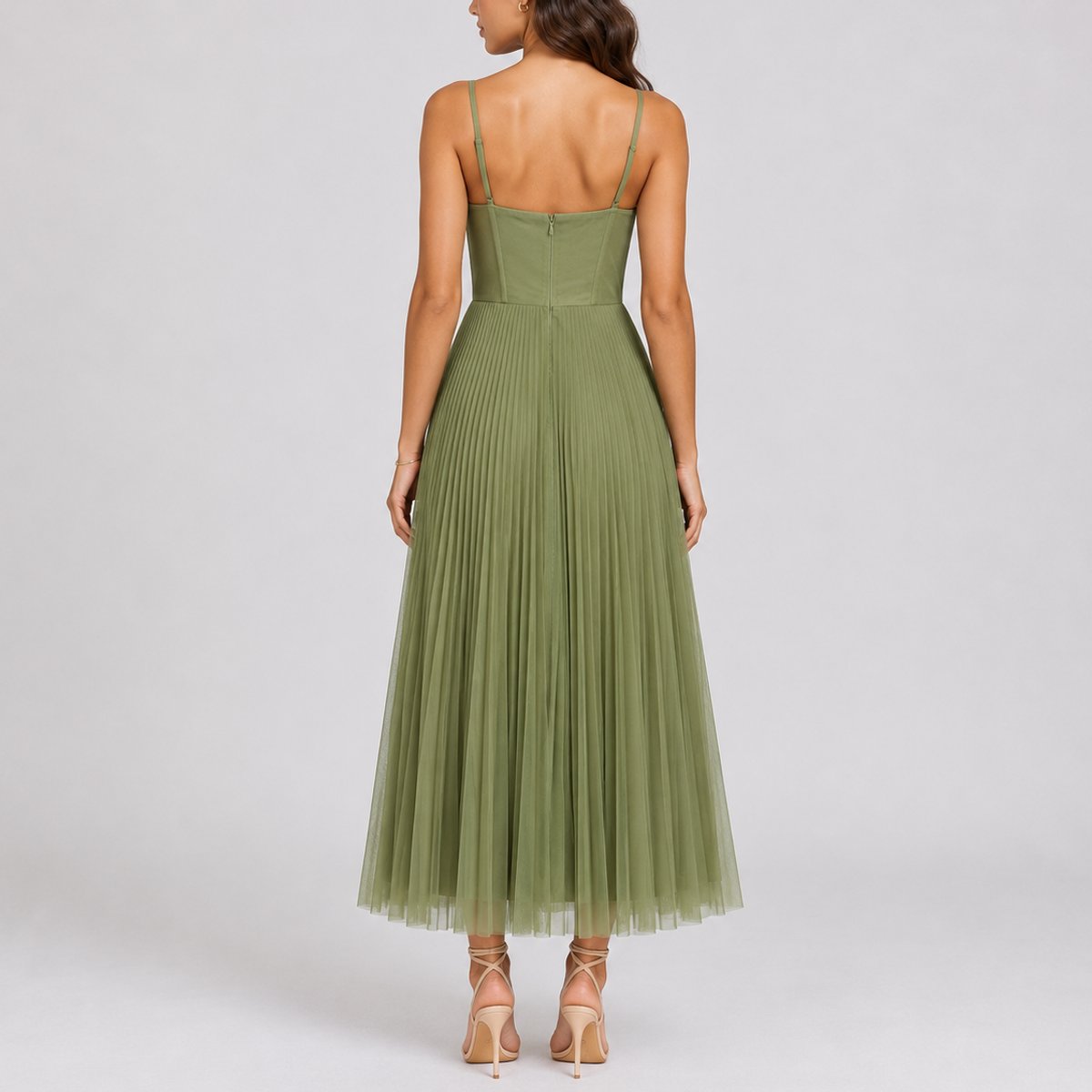 Pleated Tulle Corset Midi Dress – Spaghetti Strap Wedding Guest Dress