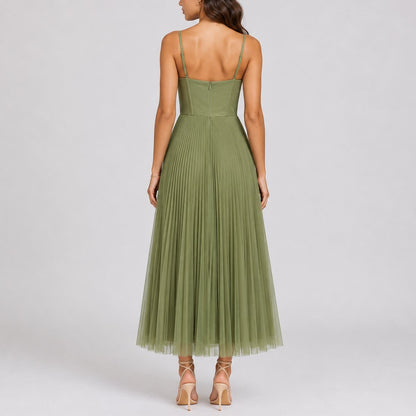 Pleated Tulle Corset Midi Dress – Spaghetti Strap Wedding Guest Dress