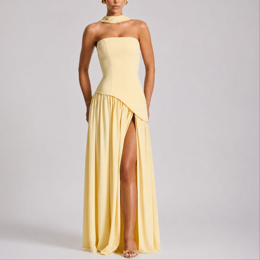 Strapless Corset Maxi Dress – High Slit Open Back Wedding Guest