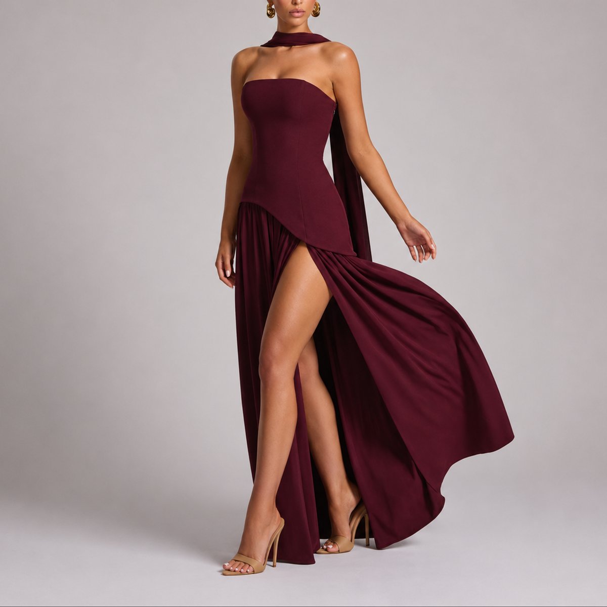 Strapless Corset Maxi Dress – High Slit Open Back Wedding Guest