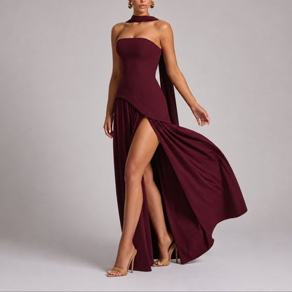 Strapless Corset Maxi Dress – High Slit Open Back Wedding Guest