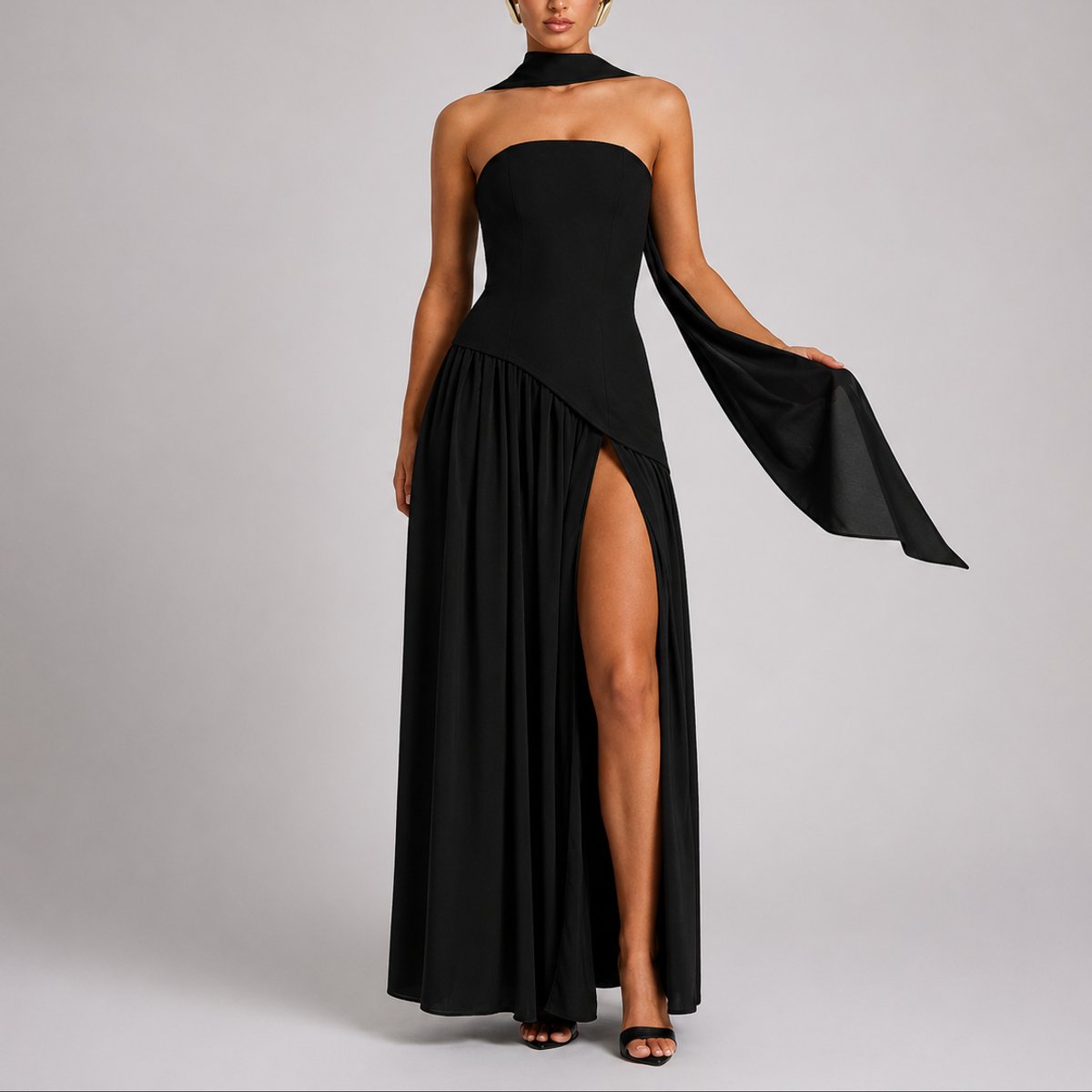 Strapless Corset Maxi Dress – High Slit Open Back Wedding Guest