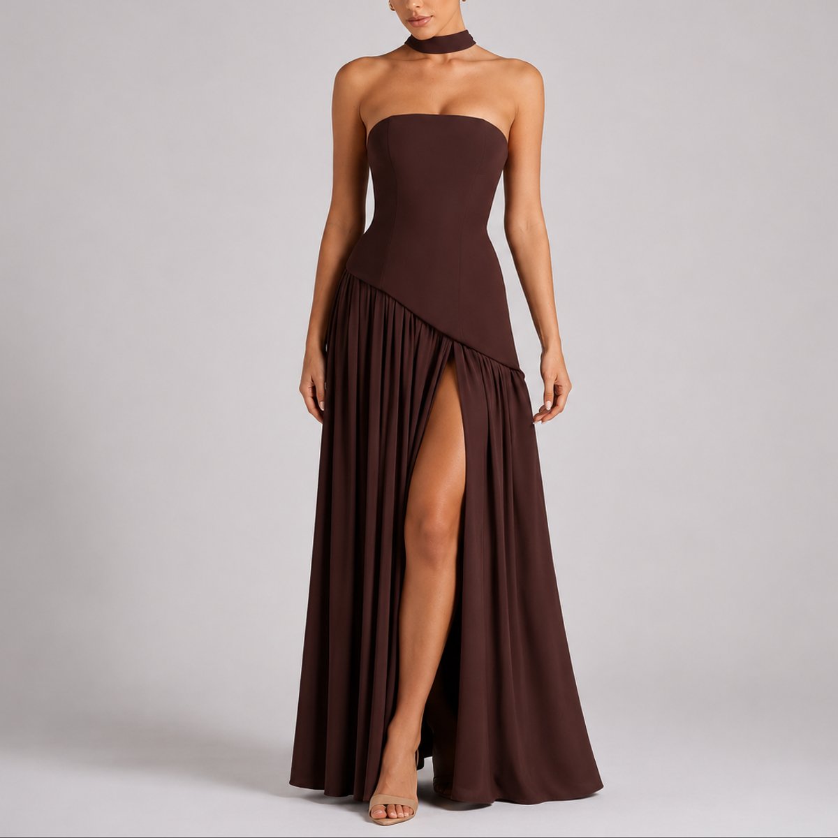 Strapless Corset Maxi Dress – High Slit Open Back Wedding Guest