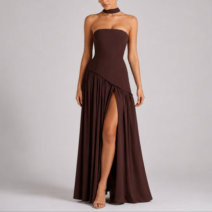 Strapless Corset Maxi Dress – High Slit Open Back Wedding Guest