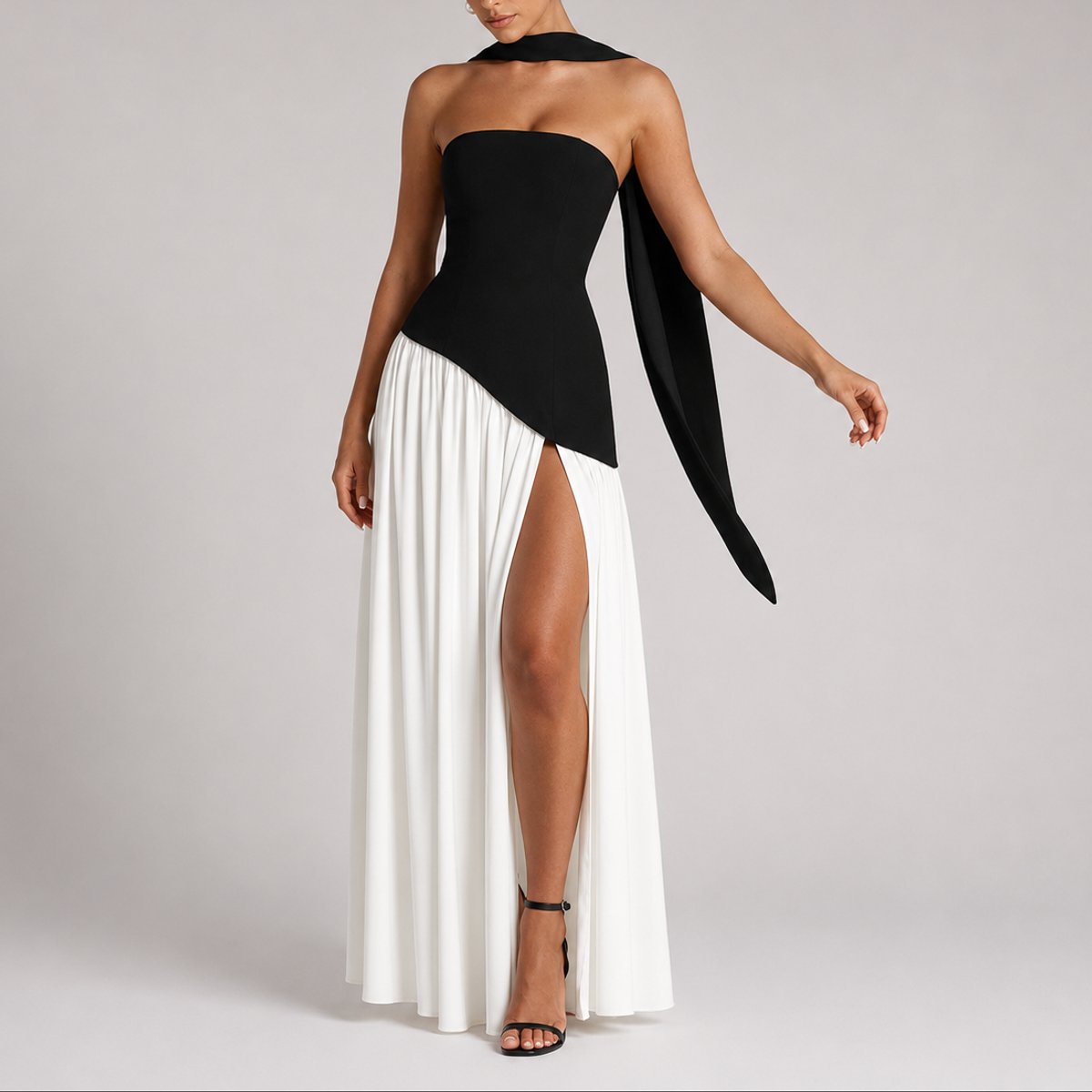 Strapless Corset Maxi Dress – High Slit Open Back Wedding Guest