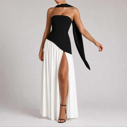 Strapless Corset Maxi Dress – High Slit Open Back Wedding Guest