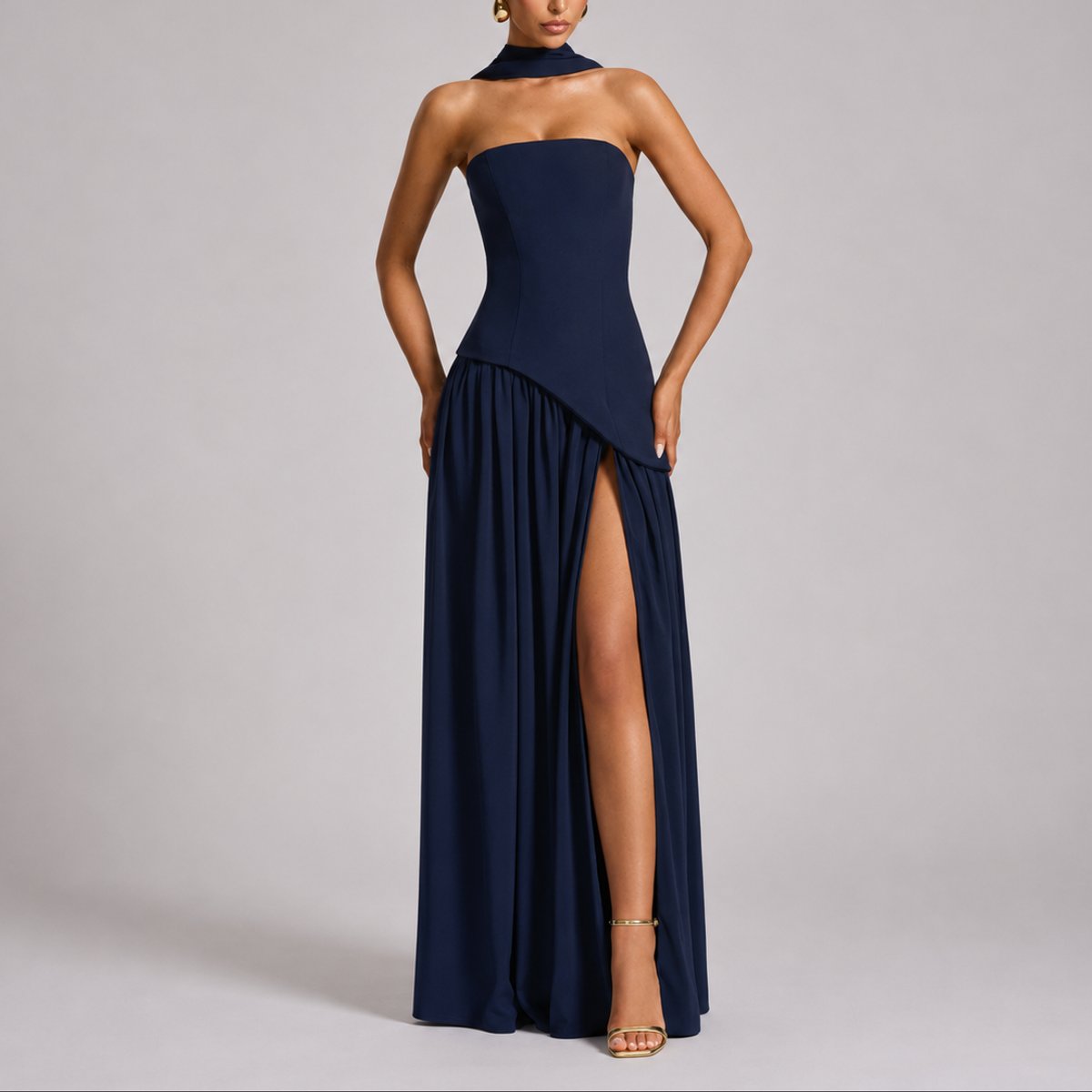 Strapless Corset Maxi Dress – High Slit Open Back Wedding Guest