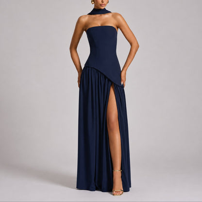 Strapless Corset Maxi Dress – High Slit Open Back Wedding Guest