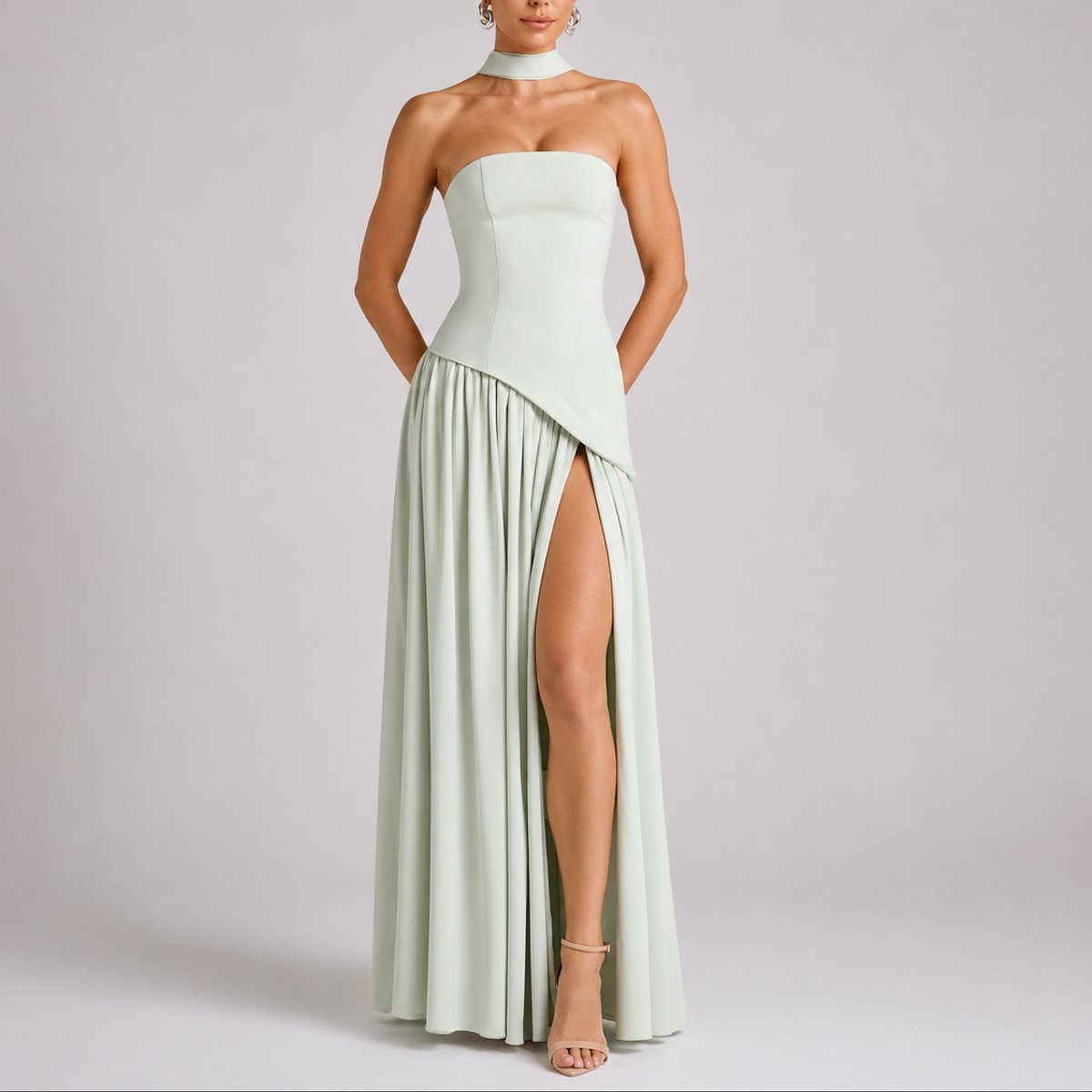 Strapless Corset Maxi Dress – High Slit Open Back Wedding Guest