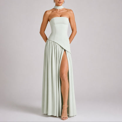 Strapless Corset Maxi Dress – High Slit Open Back Wedding Guest