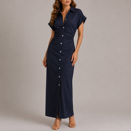 Button-Front Ruched Maxi Shirt Dress – Short Sleeve Bodycon Wedding Guest