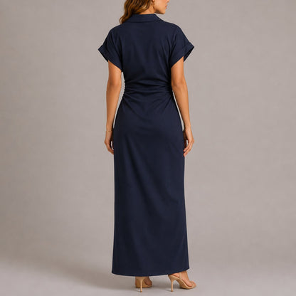 Button-Front Ruched Maxi Shirt Dress – Short Sleeve Bodycon Wedding Guest