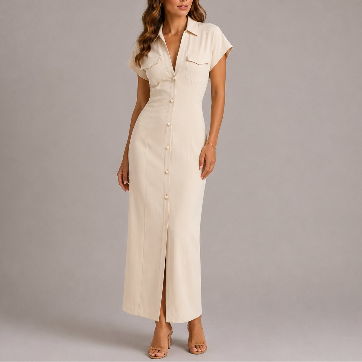 Button-Front Ruched Maxi Shirt Dress – Short Sleeve Bodycon Wedding Guest