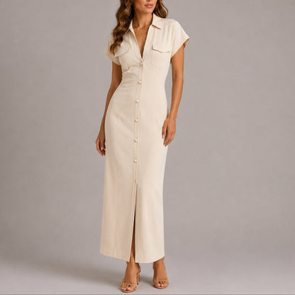 Button-Front Ruched Maxi Shirt Dress – Short Sleeve Bodycon Wedding Guest