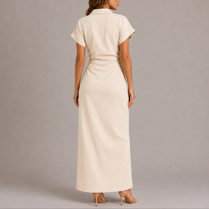 Button-Front Ruched Maxi Shirt Dress – Short Sleeve Bodycon Wedding Guest