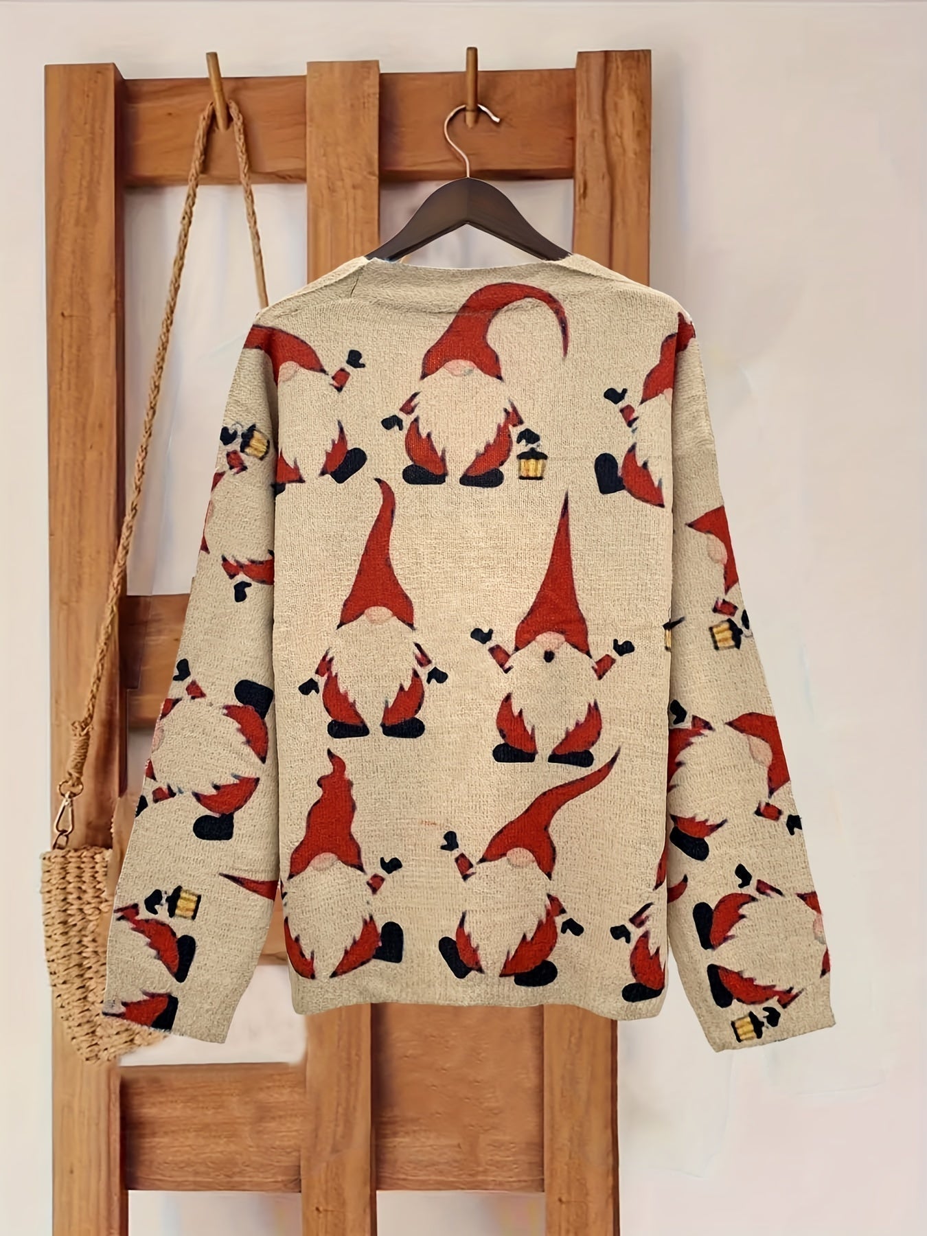 Christmas Gnome Print Cardigan – V-Neck Button-Front Long Sleeve