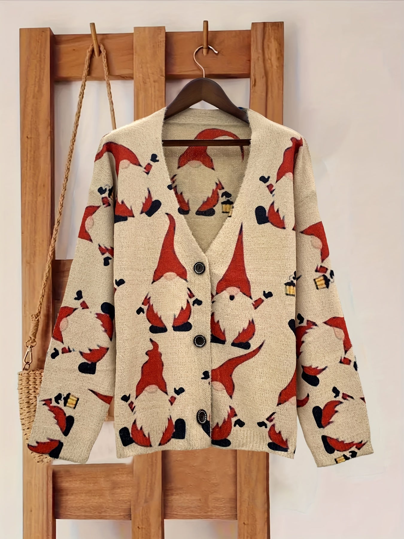 Christmas Gnome Print Cardigan – V-Neck Button-Front Long Sleeve