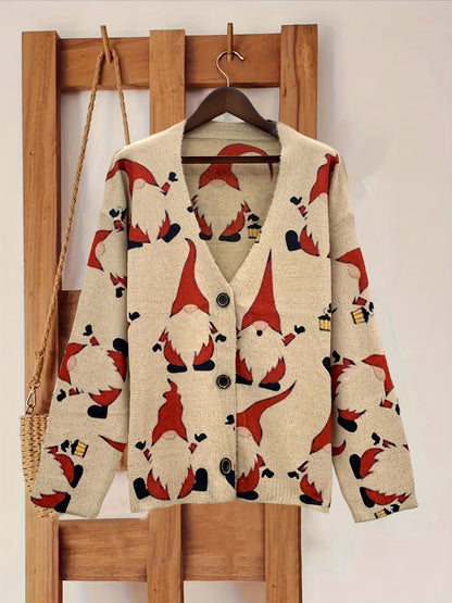 Christmas Gnome Print Cardigan – V-Neck Button-Front Long Sleeve