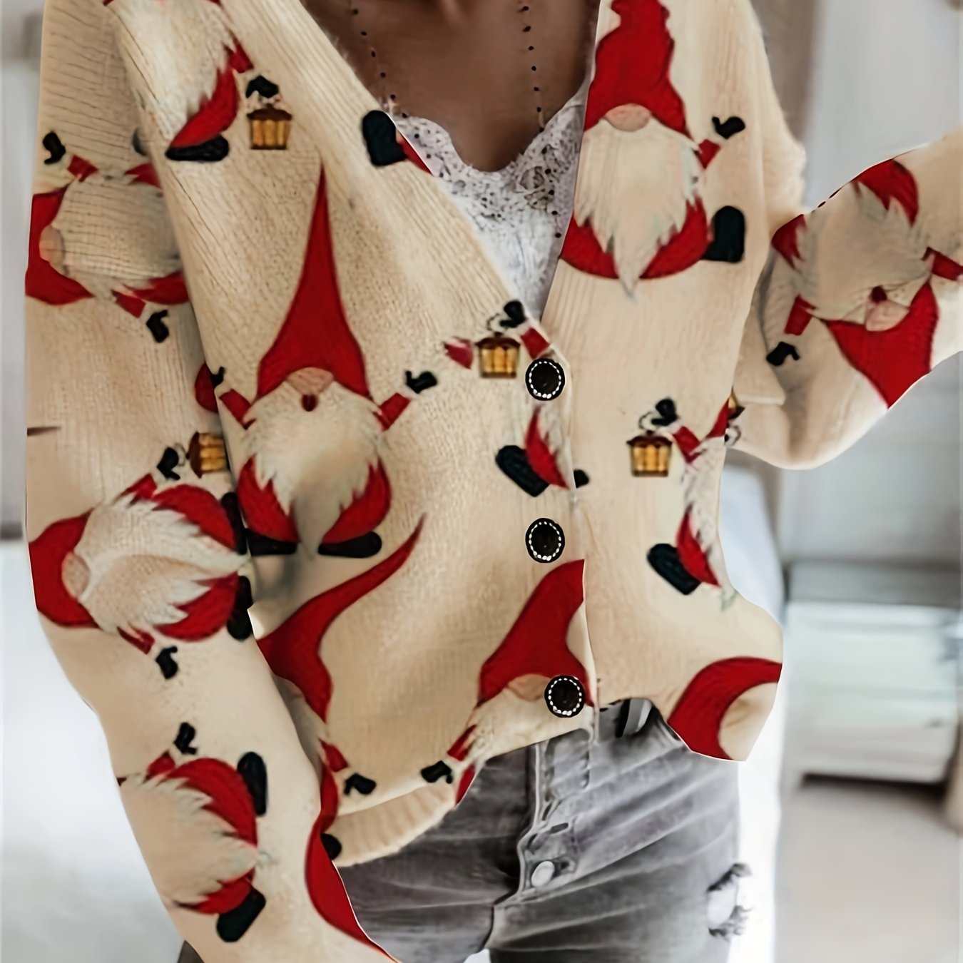 Christmas Gnome Print Cardigan – V-Neck Button-Front Long Sleeve
