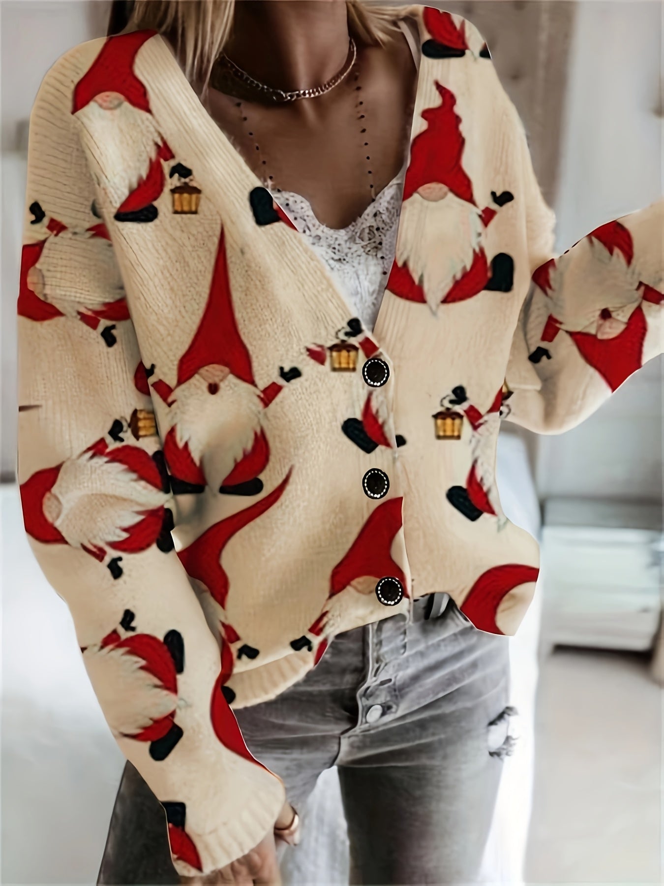 Christmas Gnome Print Cardigan – V-Neck Button-Front Long Sleeve