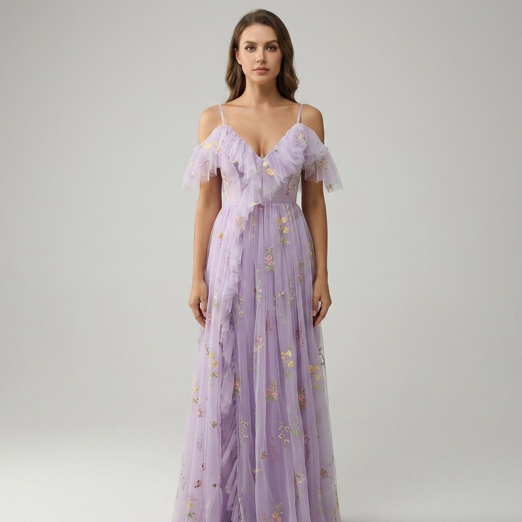 Floral Embroidered Tulle Maxi Dress – Corset Bodice A-Line Prom Gown