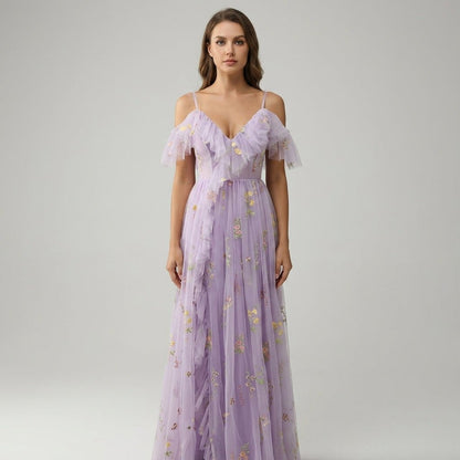 Floral Embroidered Tulle Maxi Dress – Corset Bodice A-Line Prom Gown