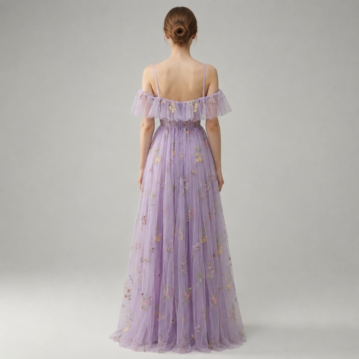 Floral Embroidered Tulle Maxi Dress – Corset Bodice A-Line Prom Gown