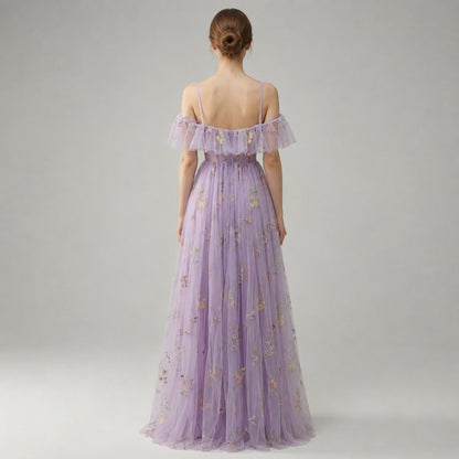 Floral Embroidered Tulle Maxi Dress – Corset Bodice A-Line Prom Gown