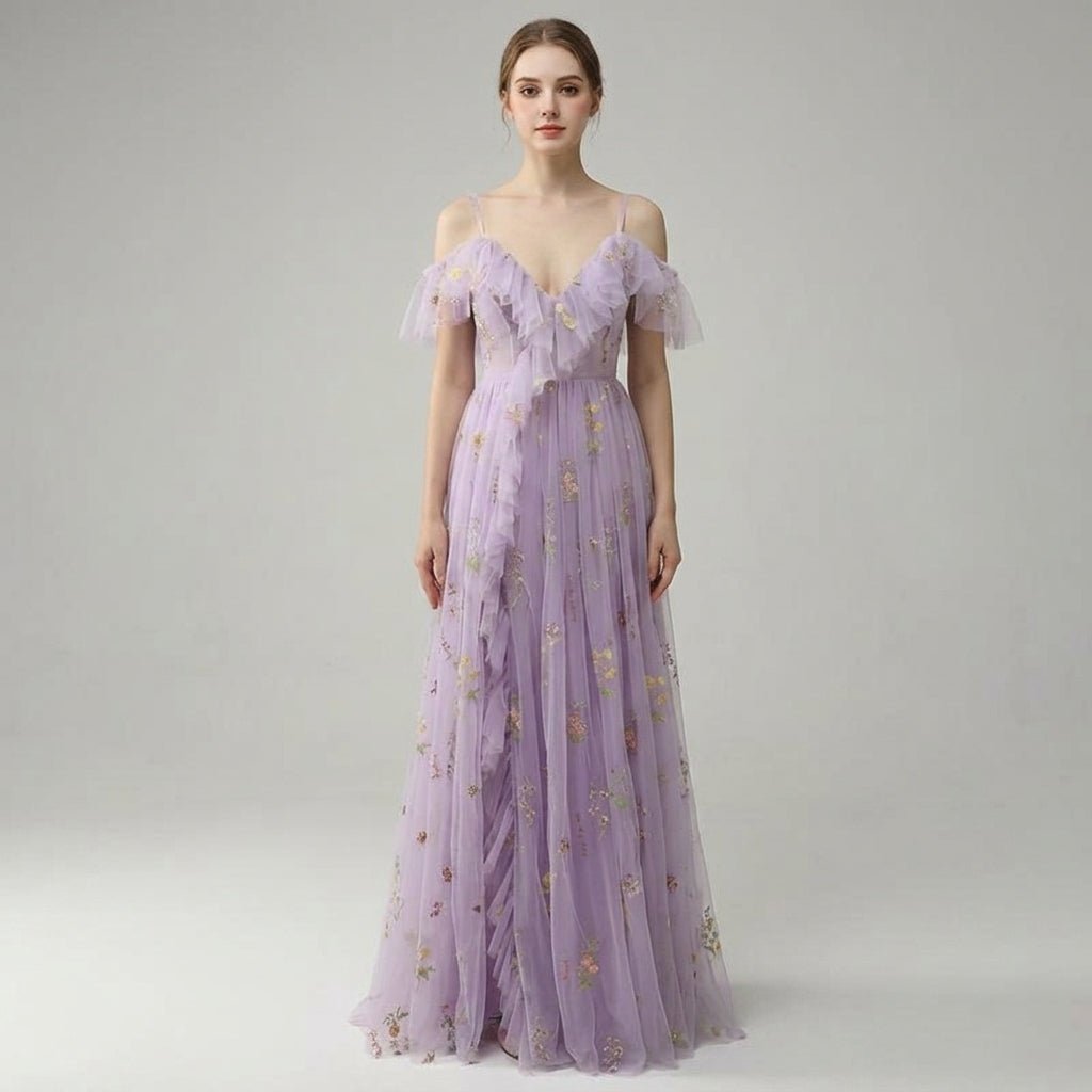Floral Embroidered Tulle Maxi Dress – Corset Bodice A-Line Prom Gown
