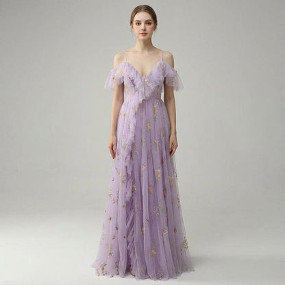Floral Embroidered Tulle Maxi Dress – Corset Bodice A-Line Prom Gown