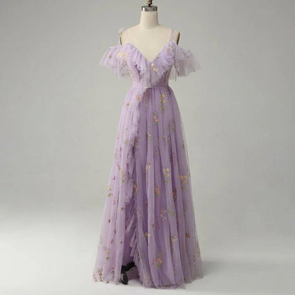 Floral Embroidered Tulle Maxi Dress – Corset Bodice A-Line Prom Gown