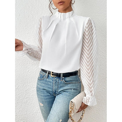 Pleated Mock Neck Blouse – Sheer Lace Sleeve Long Sleeve Top