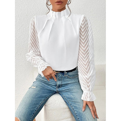 Pleated Mock Neck Blouse – Sheer Lace Sleeve Long Sleeve Top