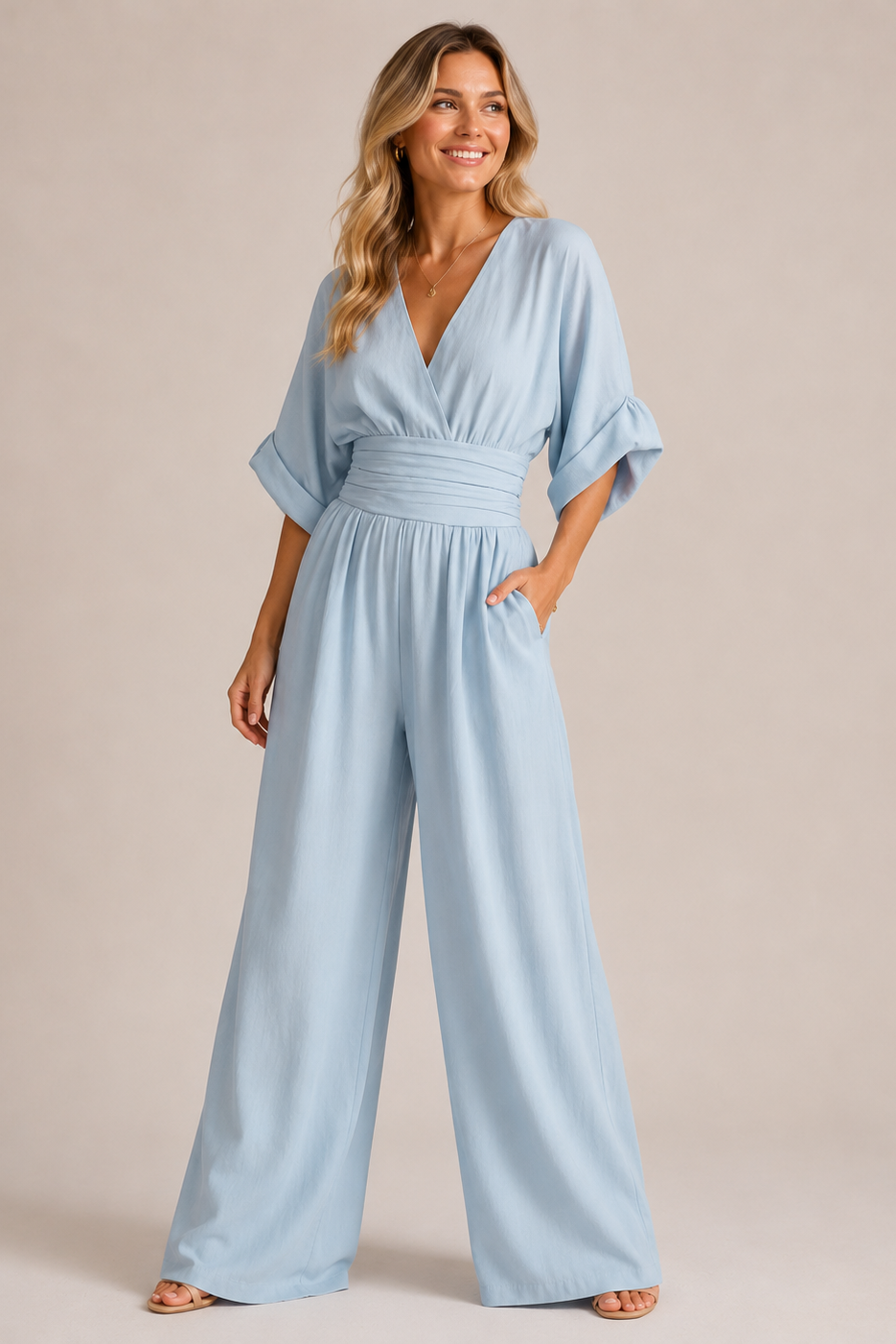 Wide-Leg Wrap Jumpsuit – V-Neck High-Waist Kimono Sleeve