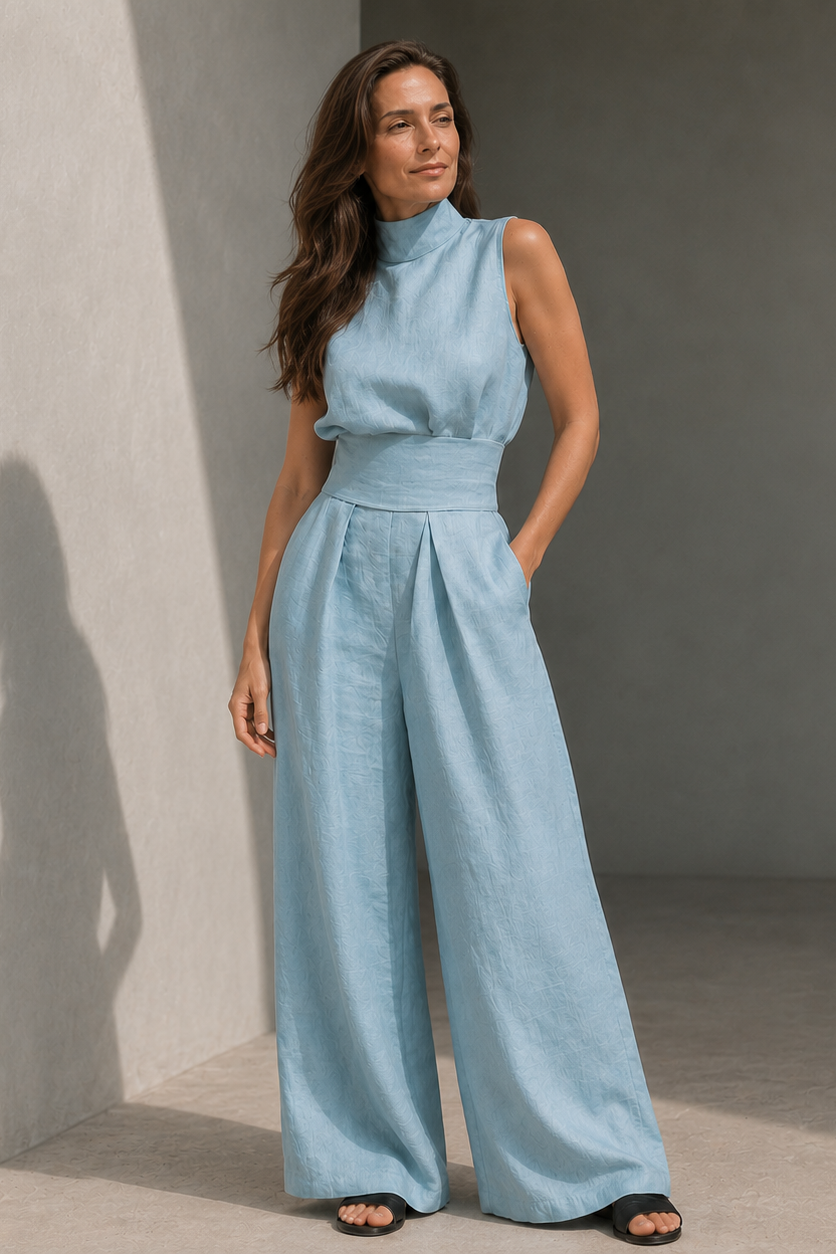 Wide-Leg Two-Piece Set – Sleeveless Mock Neck Top Pleated Trousers