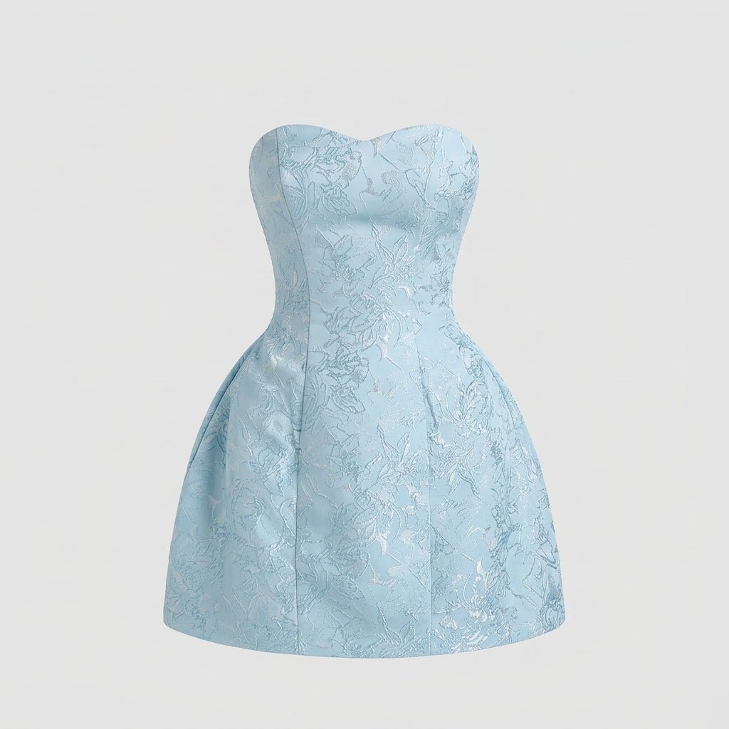 Jacquard Strapless Mini Dress – Bow Back A-Line Cocktail Dress