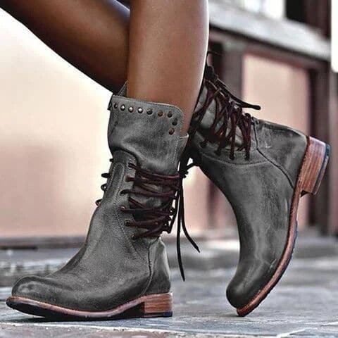 Lace-Up Studded Mid-Calf Boots – Faux Leather Low Block Heel