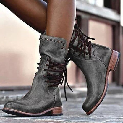 Lace-Up Studded Mid-Calf Boots – Faux Leather Low Block Heel