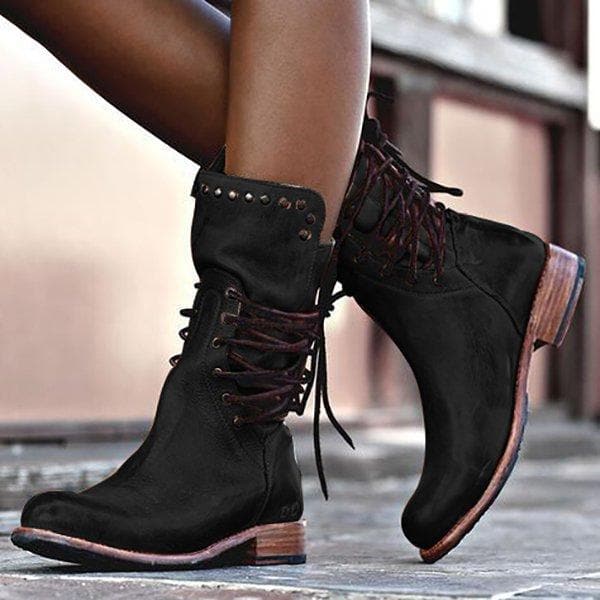 Lace-Up Studded Mid-Calf Boots – Faux Leather Low Block Heel