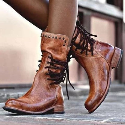 Lace-Up Studded Mid-Calf Boots – Faux Leather Low Block Heel