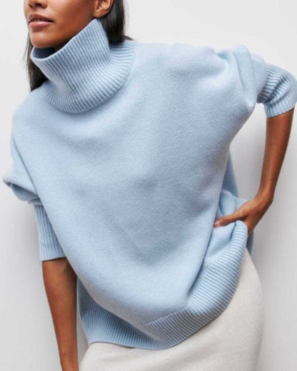 Oversized Turtleneck Poncho Sweater – Ribbed Knit Batwing Pullover